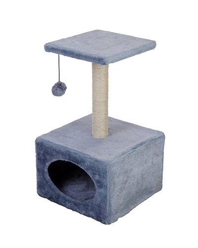Petit arbre à chat gris avec cube, poteau et plateforme.